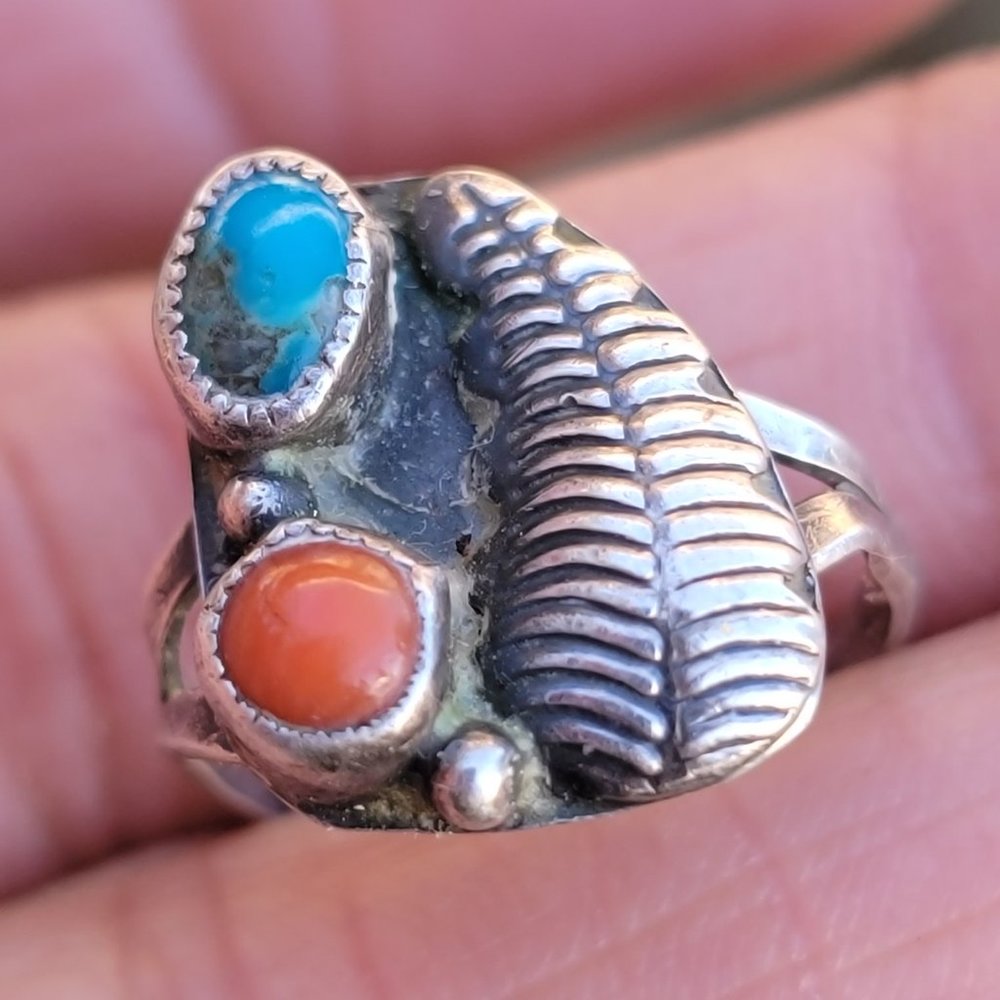Native American handmade vintage 925 sterling silver turquoise + coral squash bl - Picture 3 of 13
